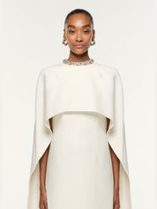 Crystal neckline crepe cape gown