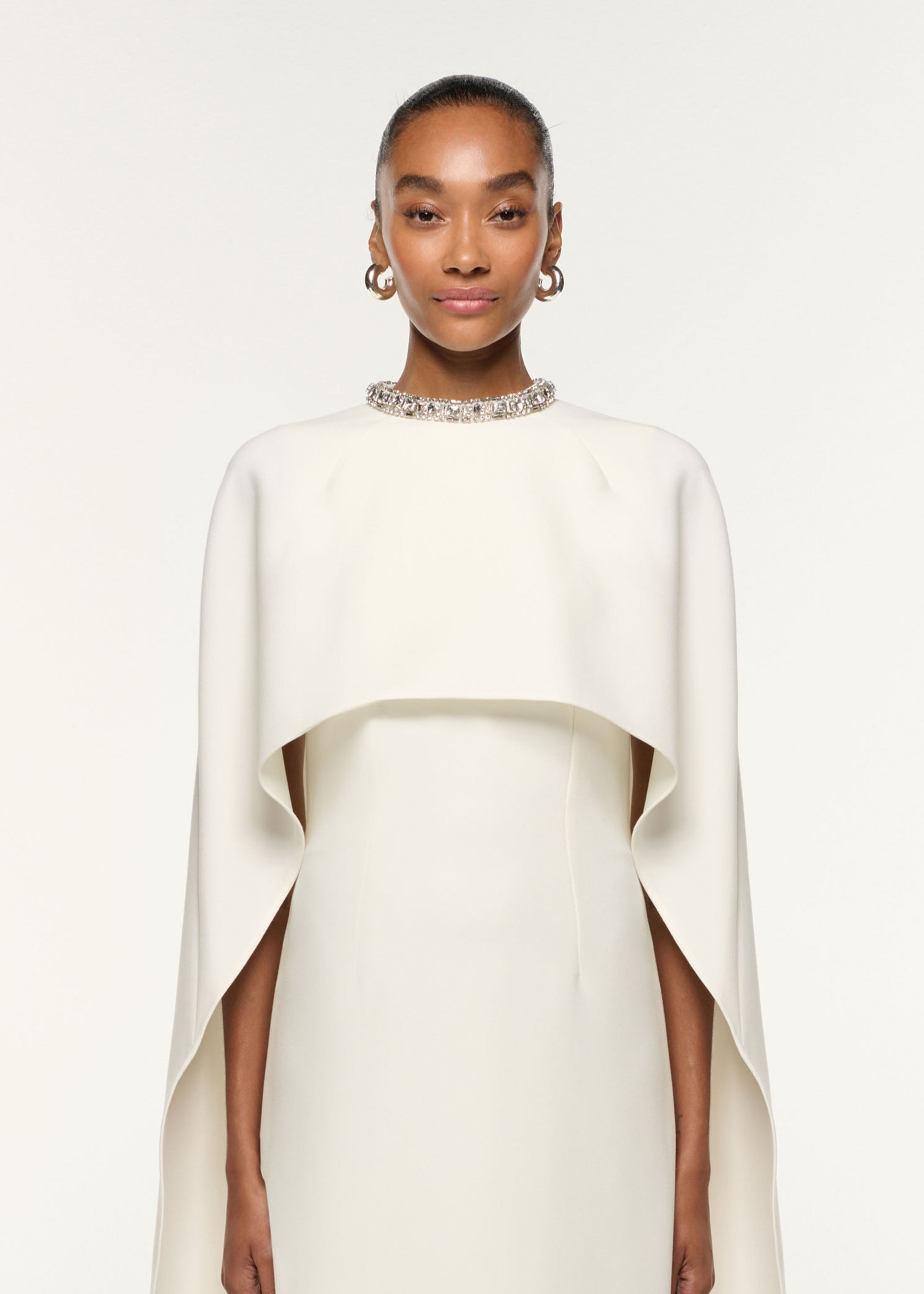 CRYSTAL NECKLINE CREPE CAPE GOWN