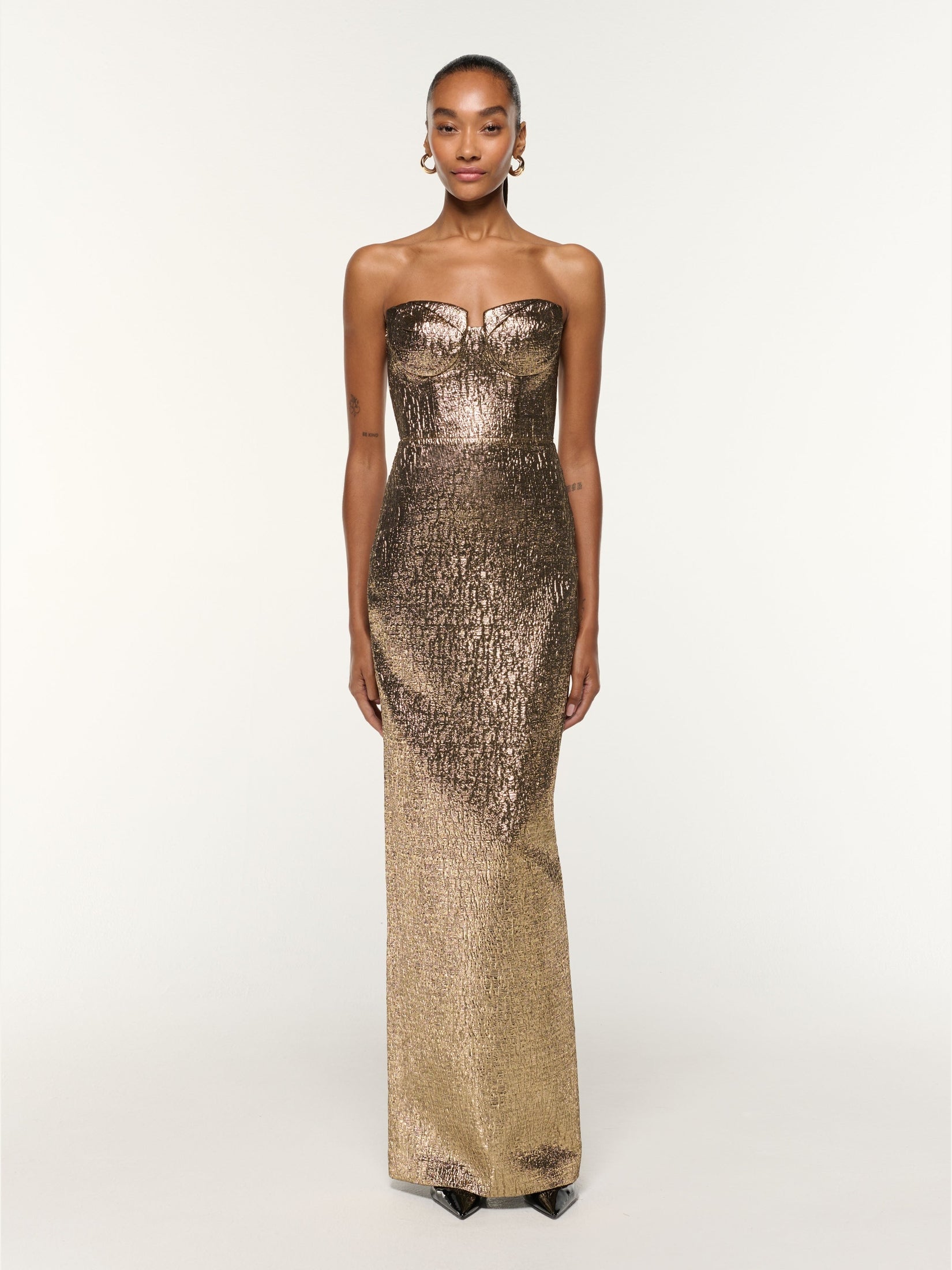 Pleated bust metallic jacquard gown