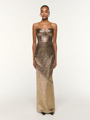Pleated bust metallic jacquard gown