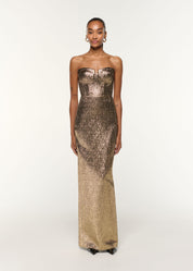 PLEATED BUST METALLIC JACQUARD GOWN