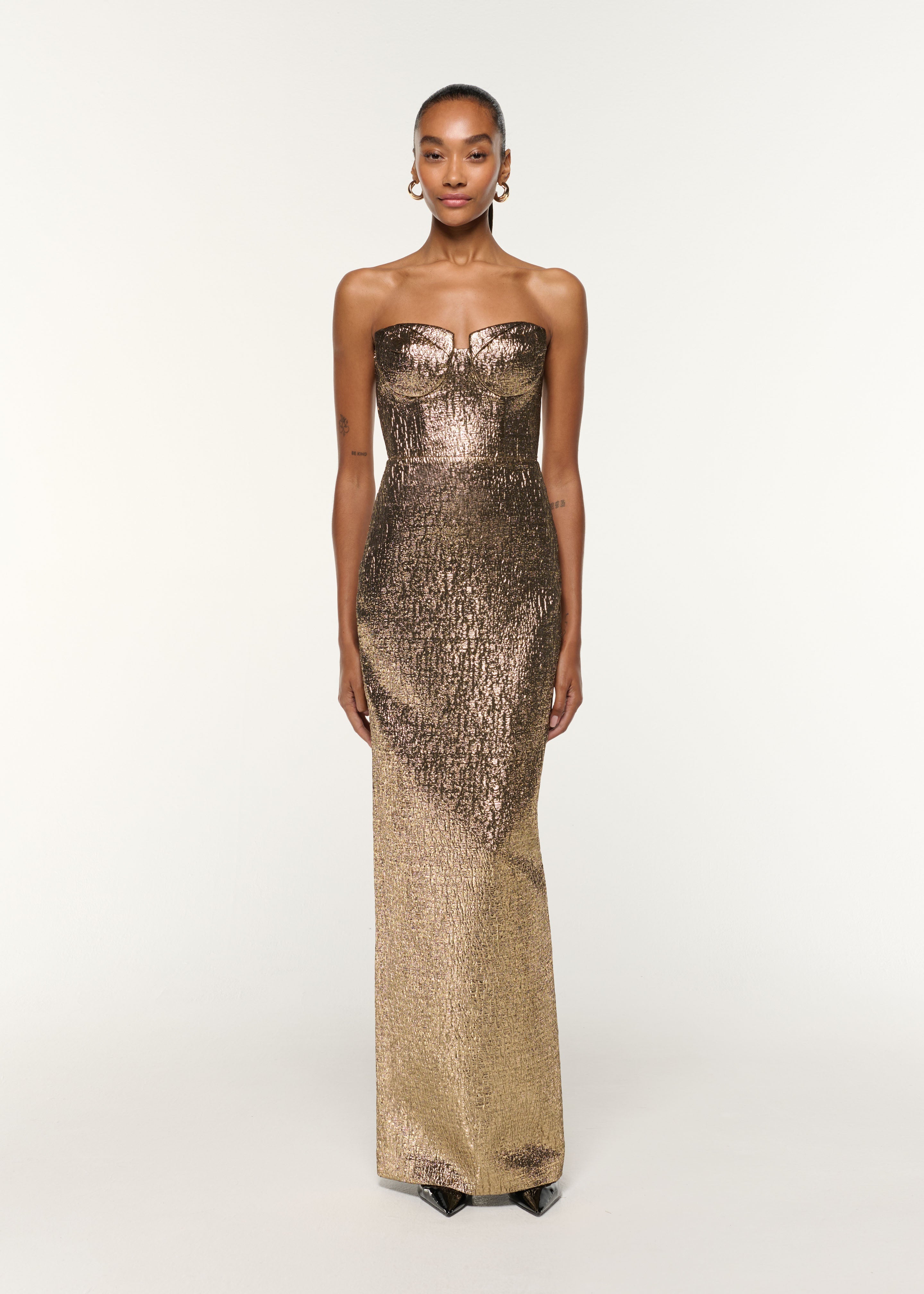 PLEATED BUST METALLIC JACQUARD GOWN