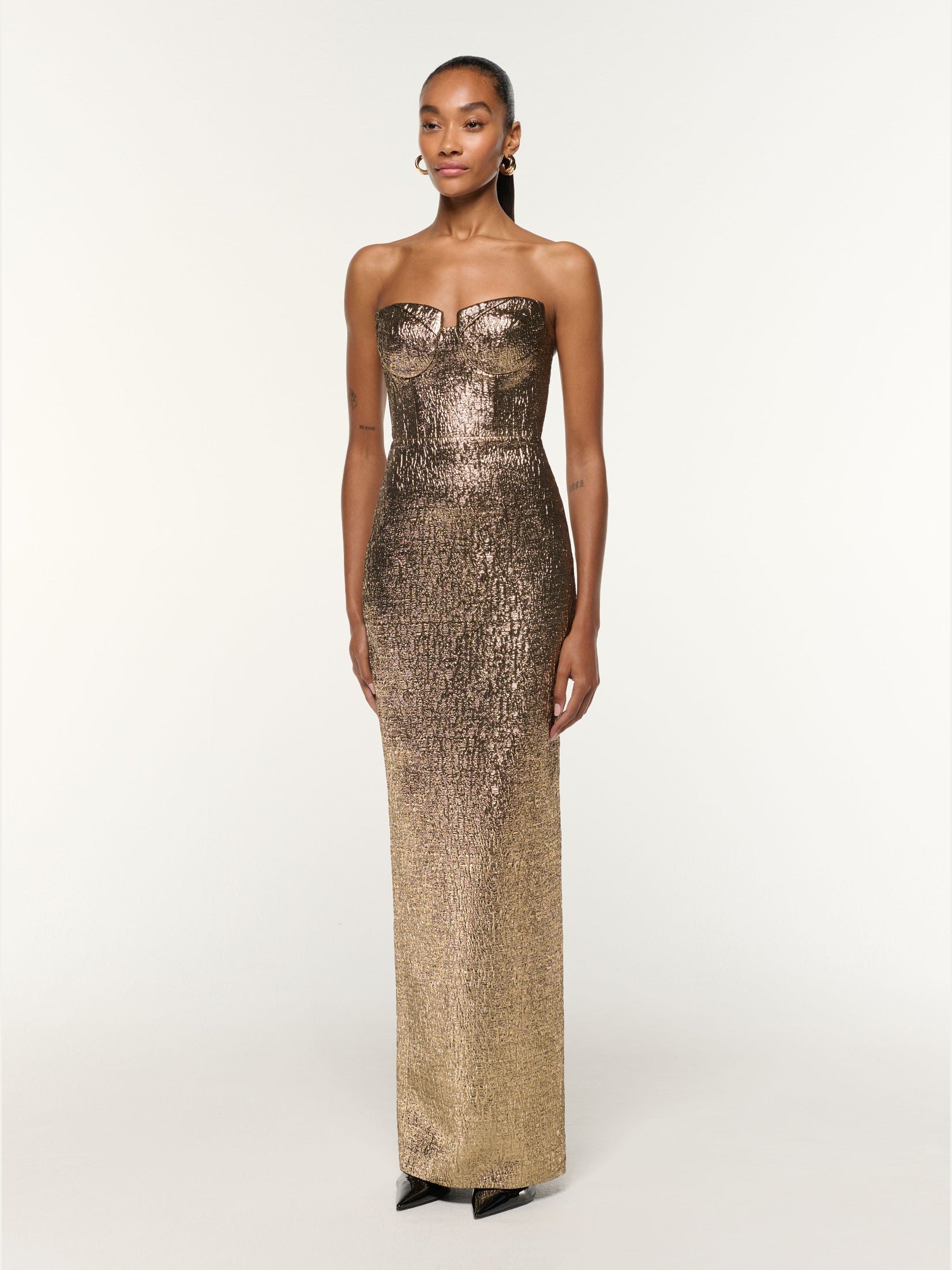 Pleated bust metallic jacquard gown