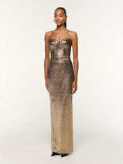 Pleated bust metallic jacquard gown