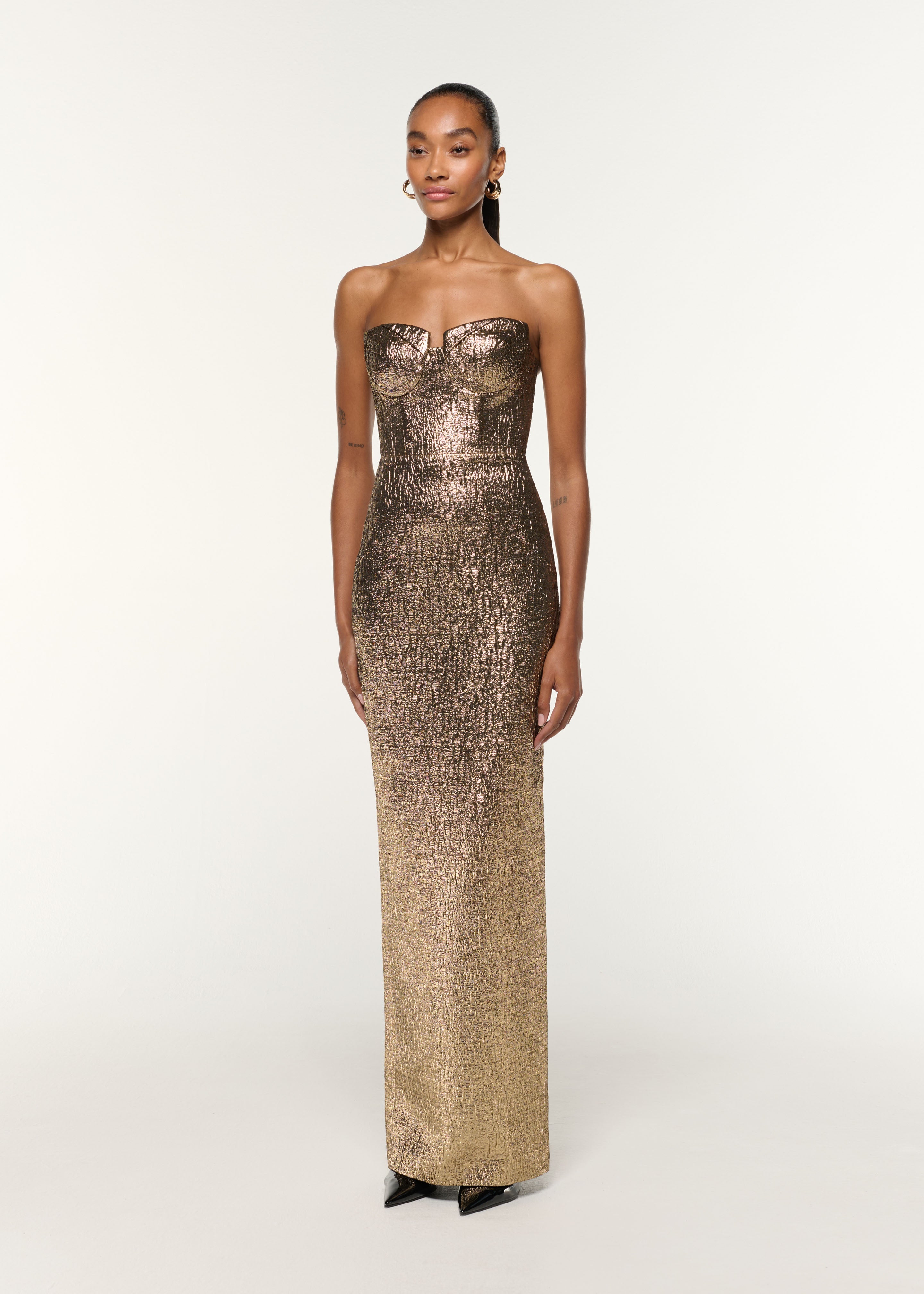 PLEATED BUST METALLIC JACQUARD GOWN