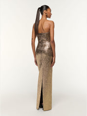 Pleated bust metallic jacquard gown
