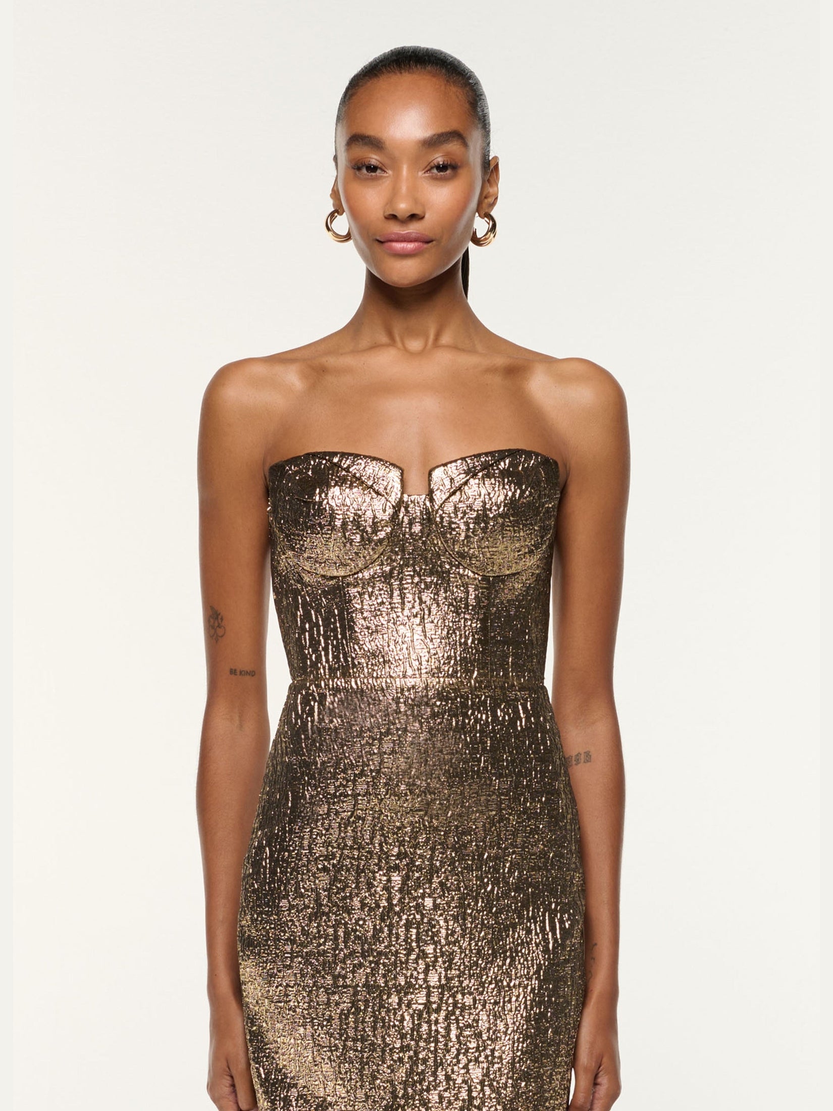 Pleated bust metallic jacquard gown