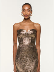 Pleated bust metallic jacquard gown