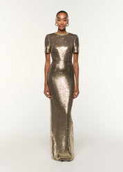 CRYSTAL NECKLINE SEQUIN COLUMN GOWN