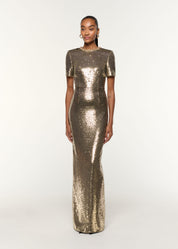 CRYSTAL NECKLINE SEQUIN COLUMN GOWN