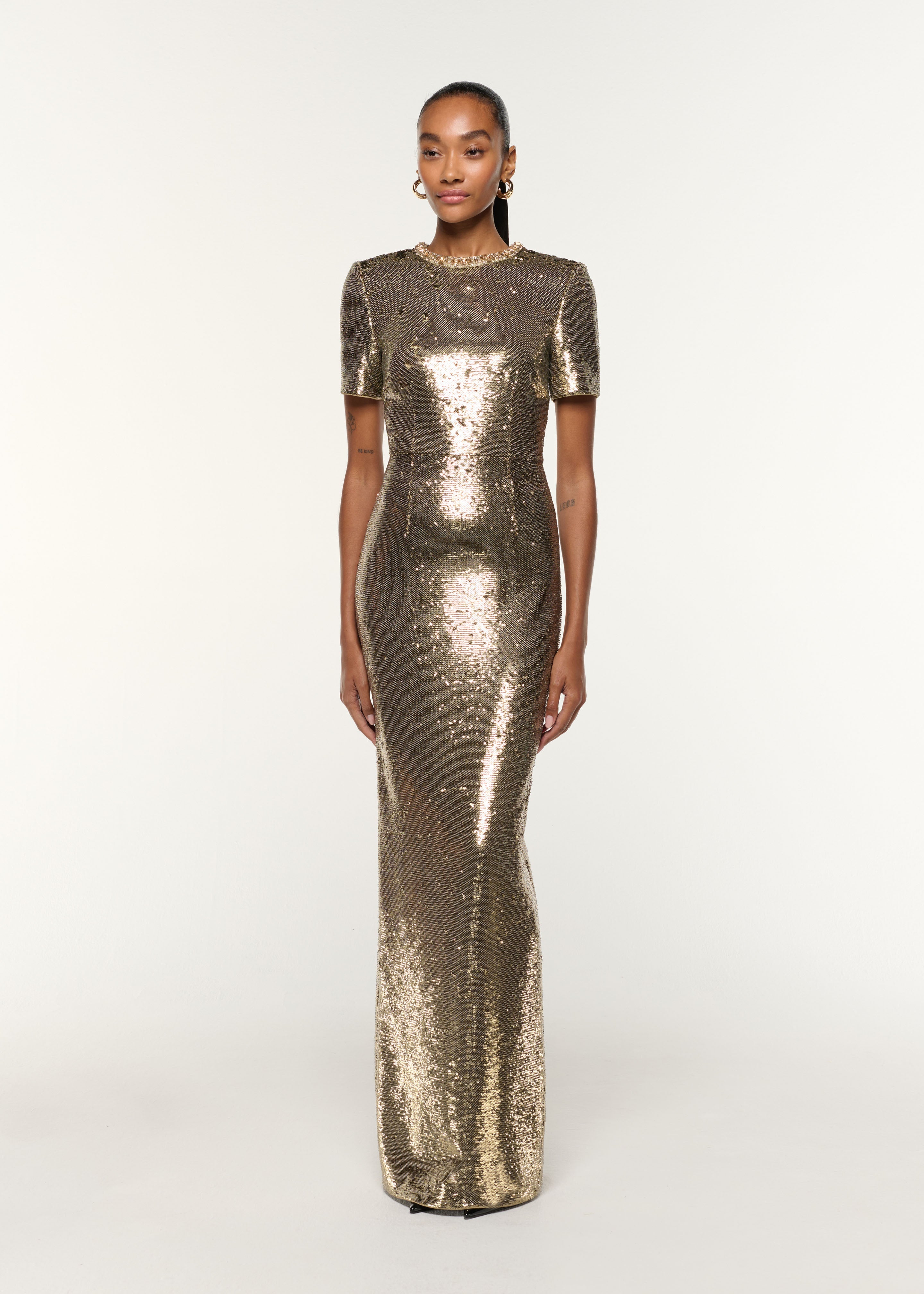CRYSTAL NECKLINE SEQUIN COLUMN GOWN