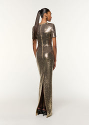 CRYSTAL NECKLINE SEQUIN COLUMN GOWN