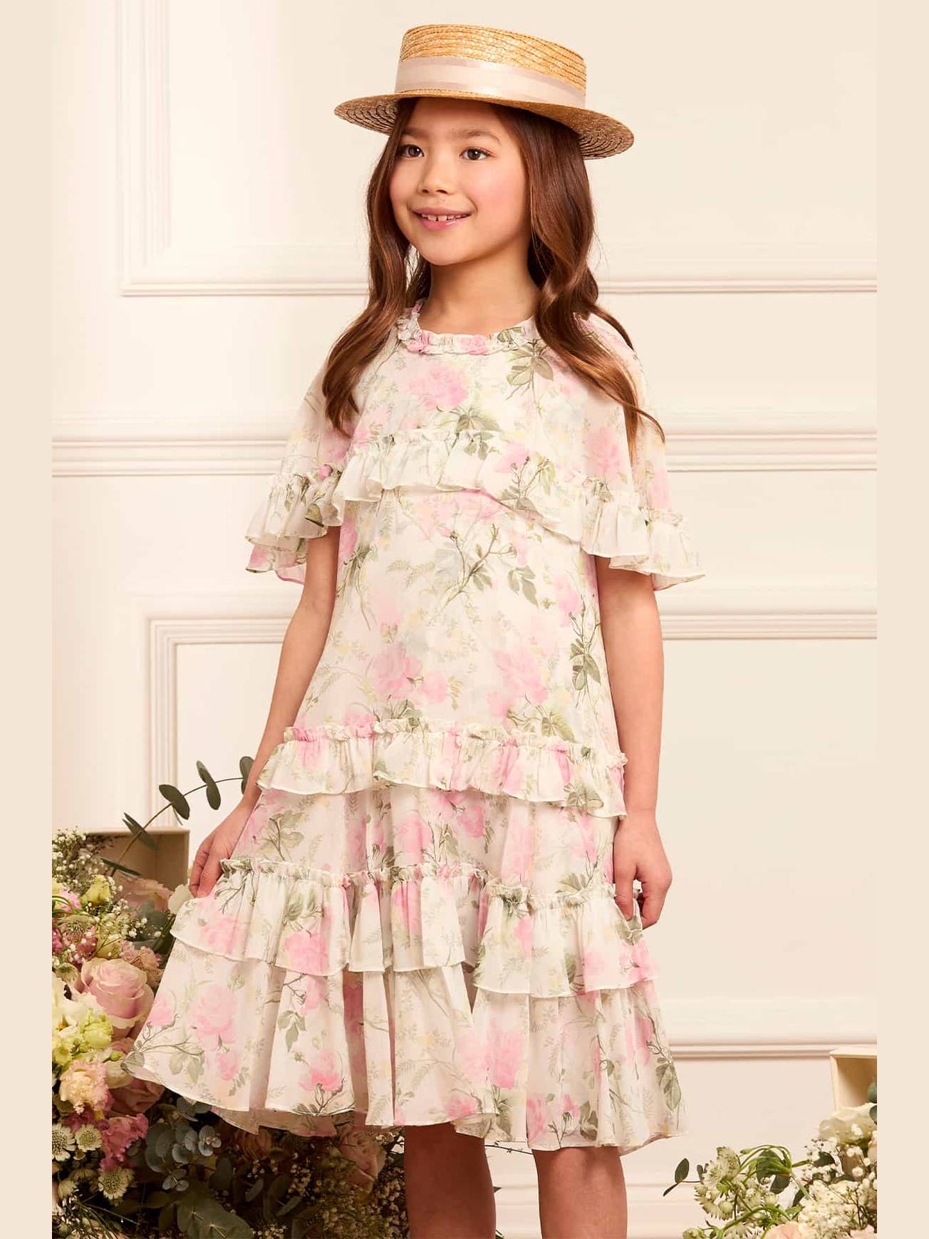 Rose chiffon tiered cape kids dress