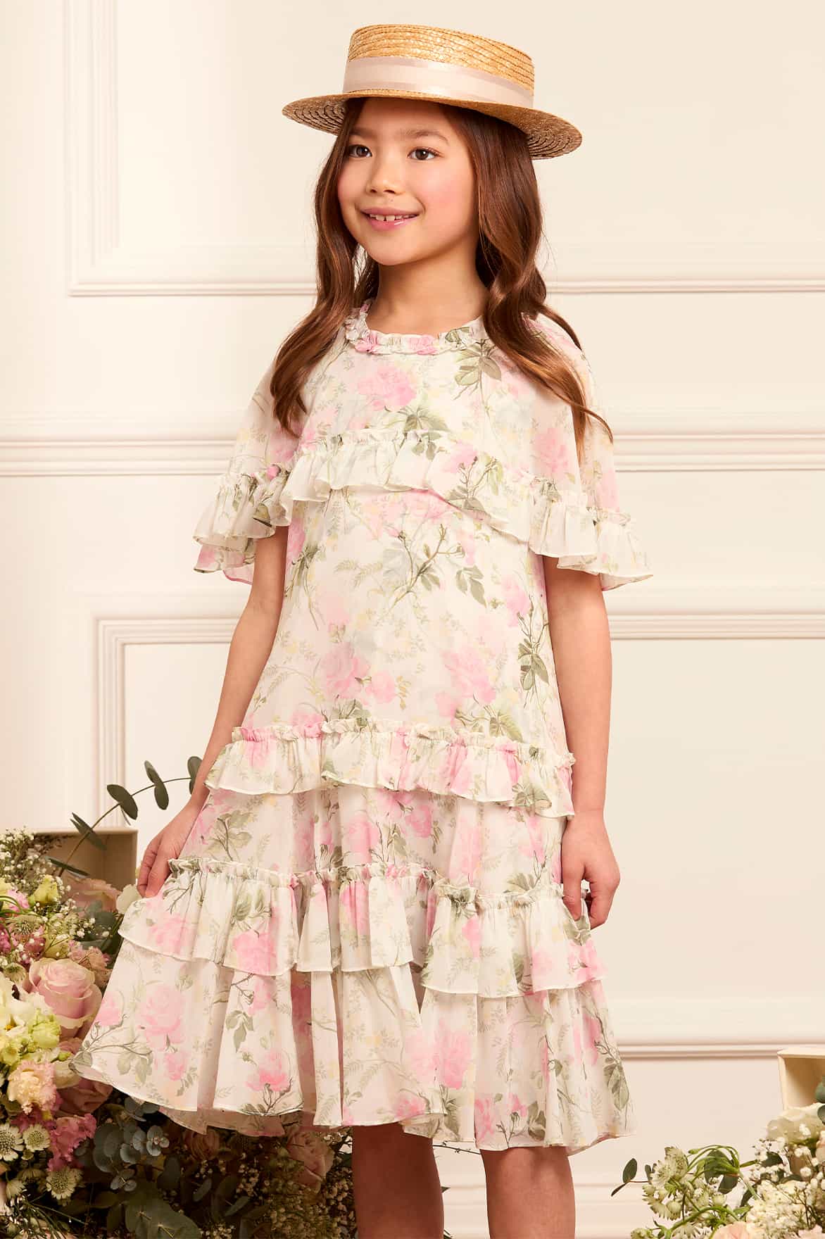 ROSE CHIFFON TIERED CAPE KIDS DRESS