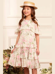 Rose chiffon tiered cape kids dress
