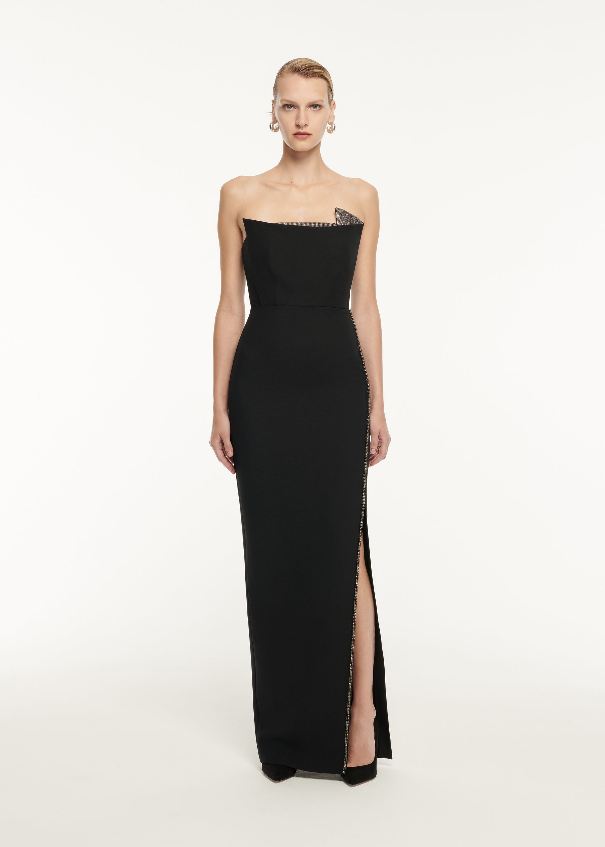 STRAPLESS WOOL SILK EMBELLISHED MAXI DRESS