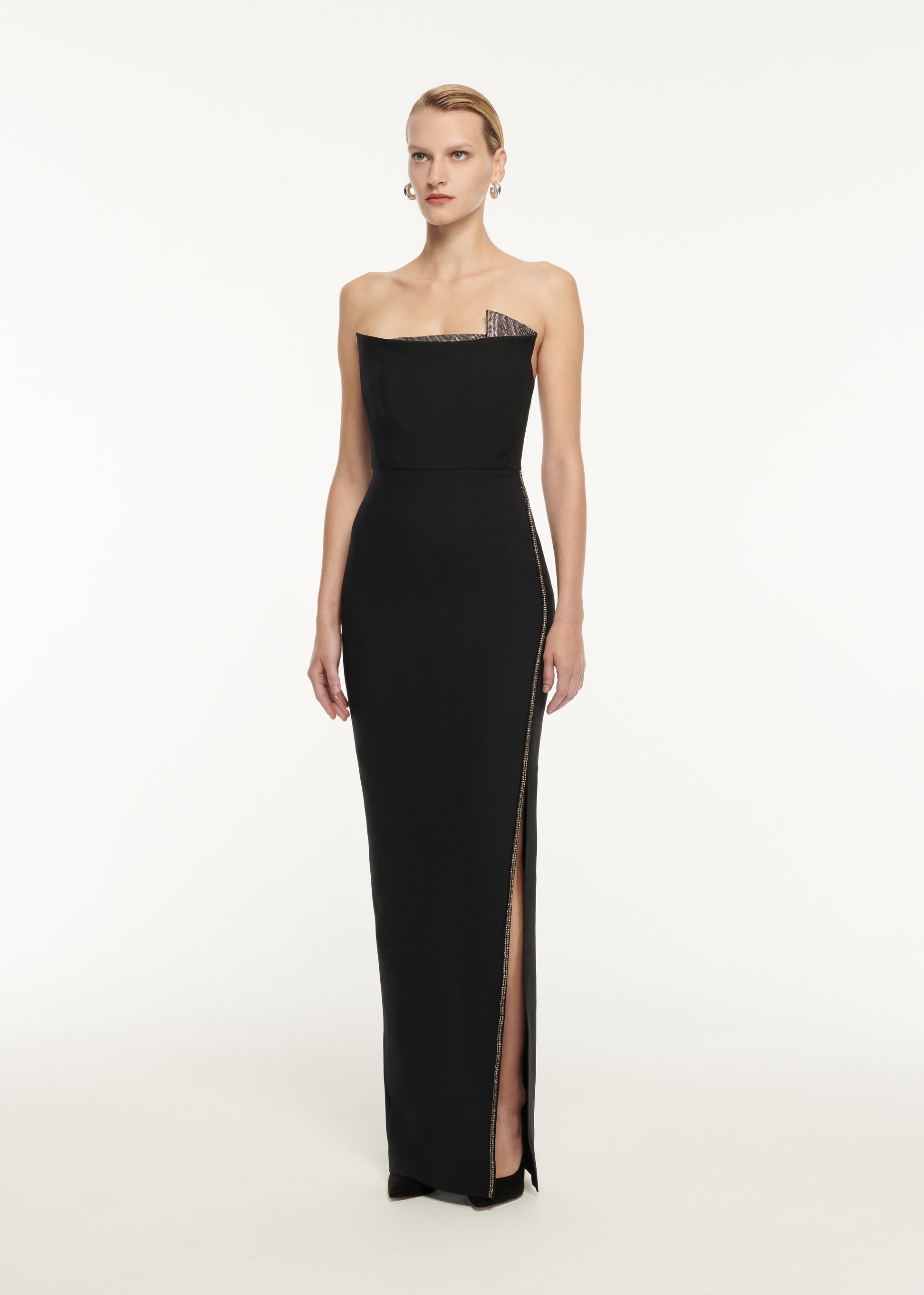 STRAPLESS WOOL SILK EMBELLISHED MAXI DRESS