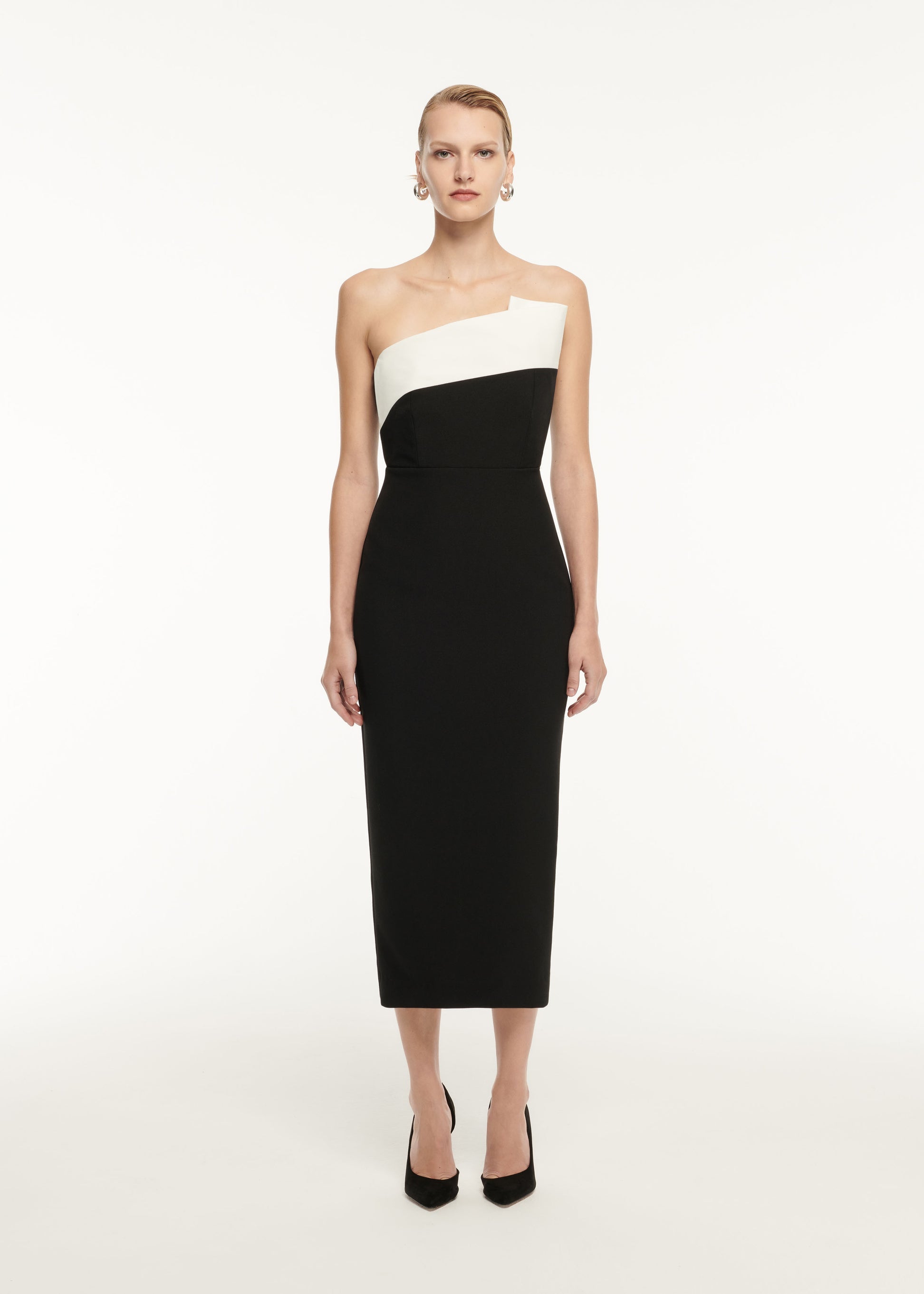 STRAPLESS DRAPE DETAIL CREPE MIDI DRESS