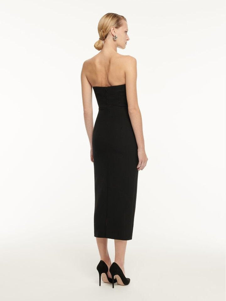 Strapless drape detail crepe midi dress