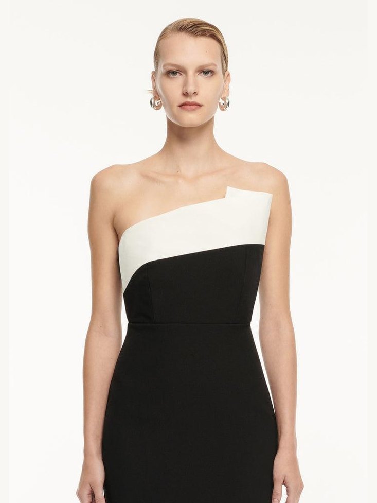 Strapless drape detail crepe midi dress