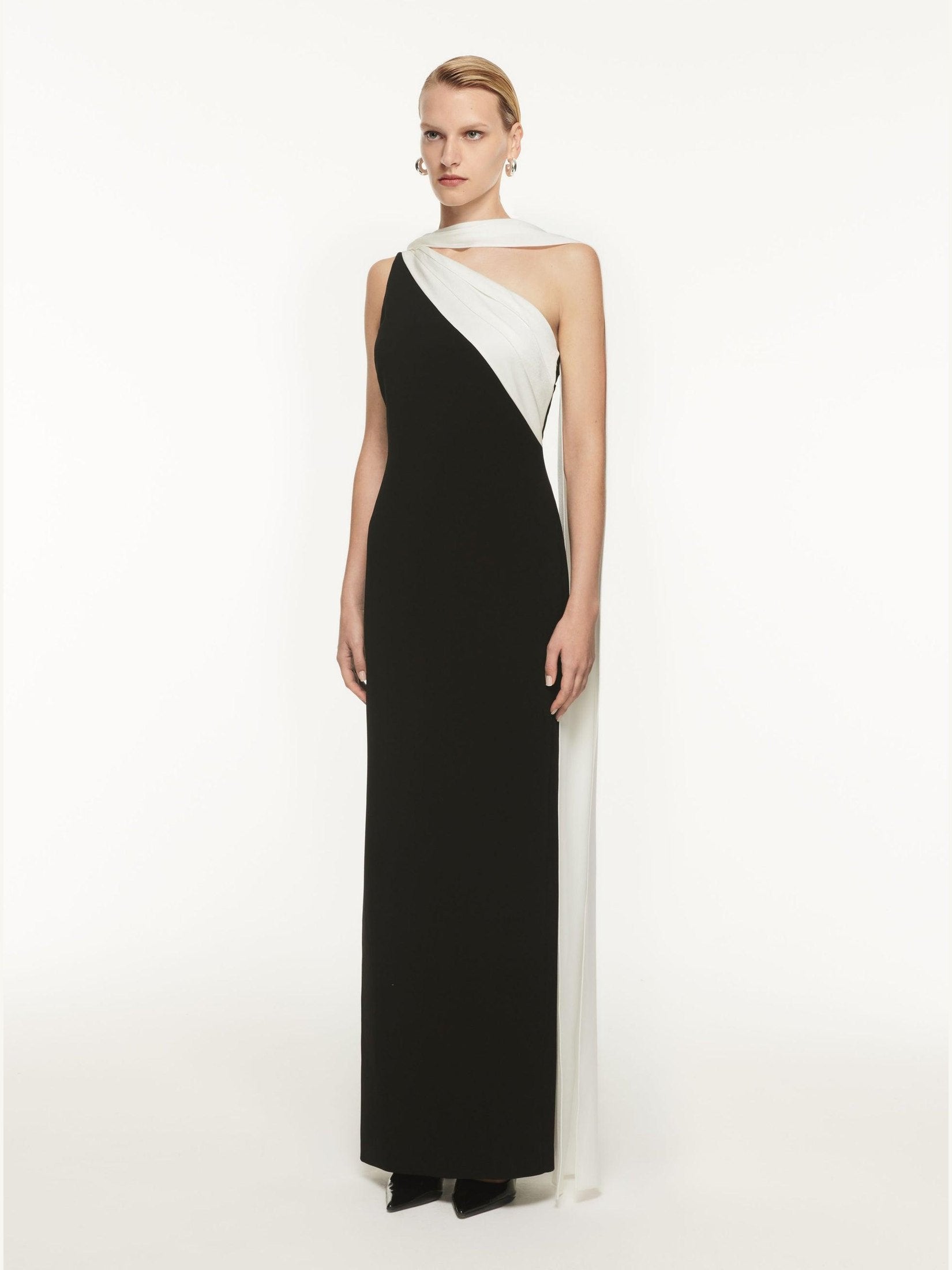 Asymmetric satin sash maxi dress