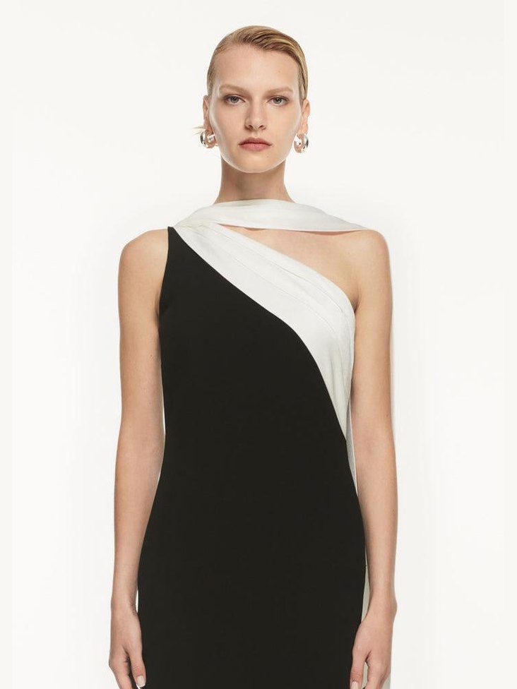 Asymmetric satin sash maxi dress