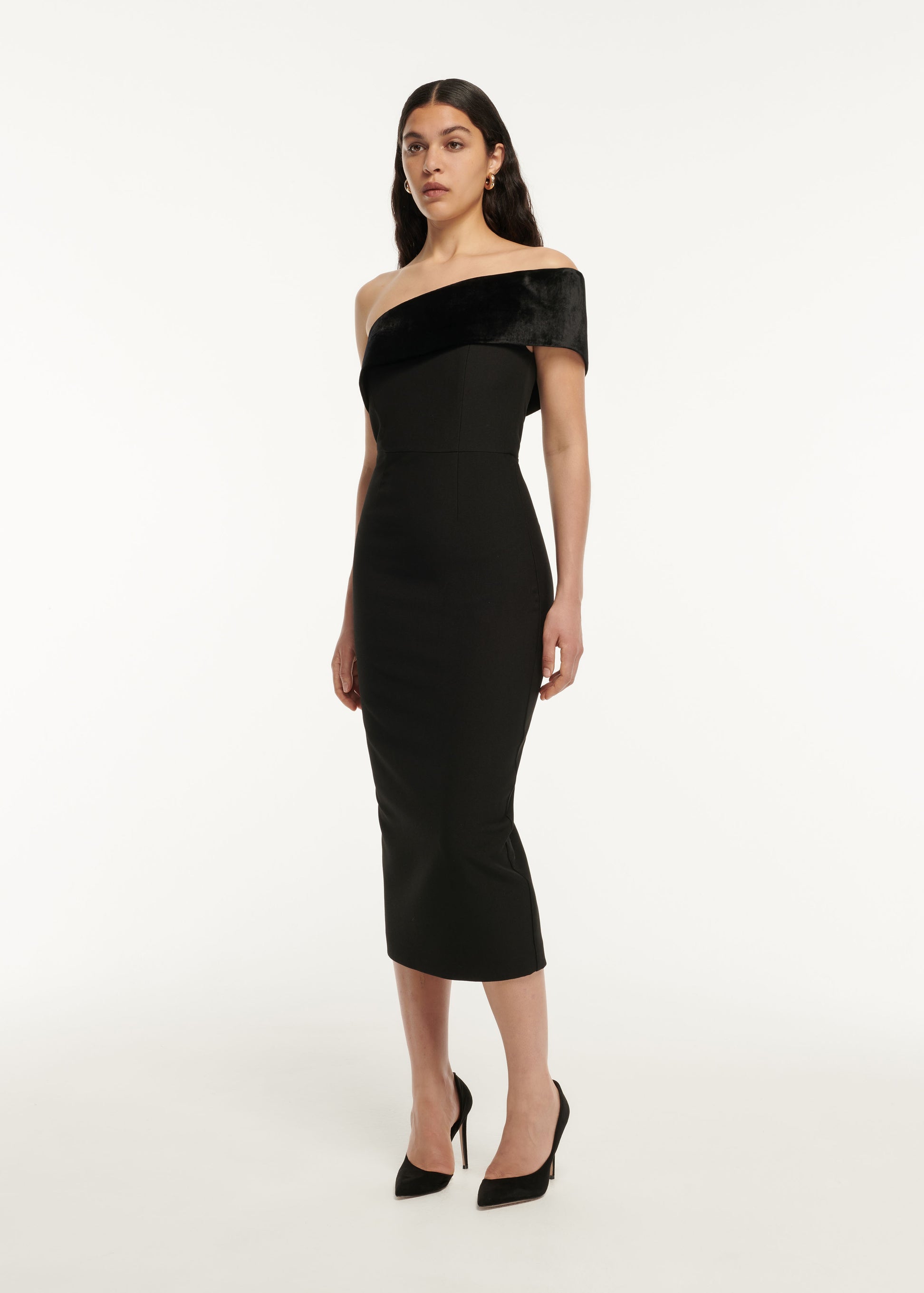 ASYMMETRIC PANELLED STRETCH CADY MIDI DRESS