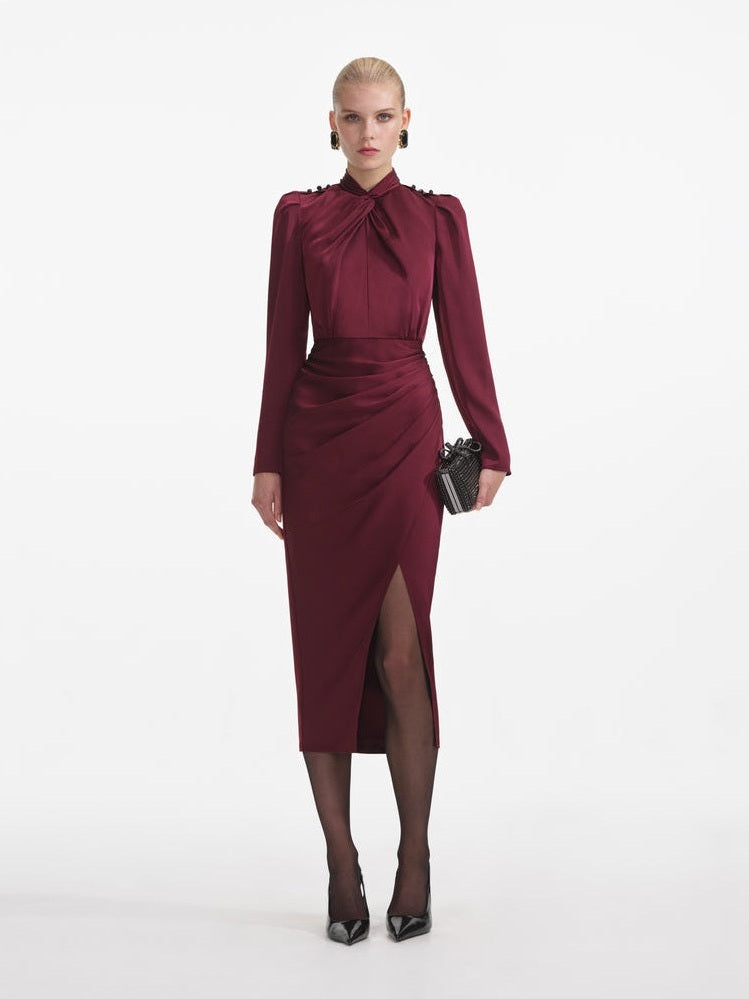 Burgundy satin midi dress