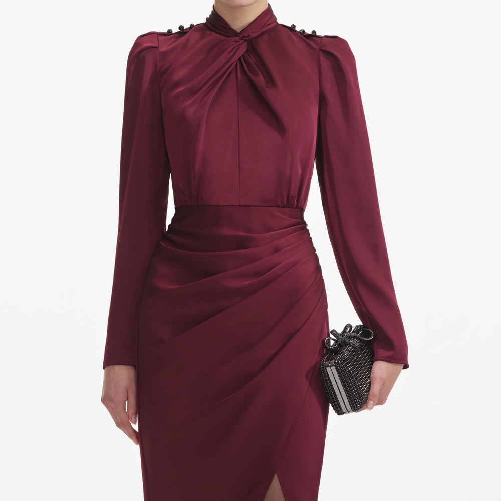 BURGUNDY SATIN MIDI DRESS