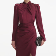 BURGUNDY SATIN MIDI DRESS
