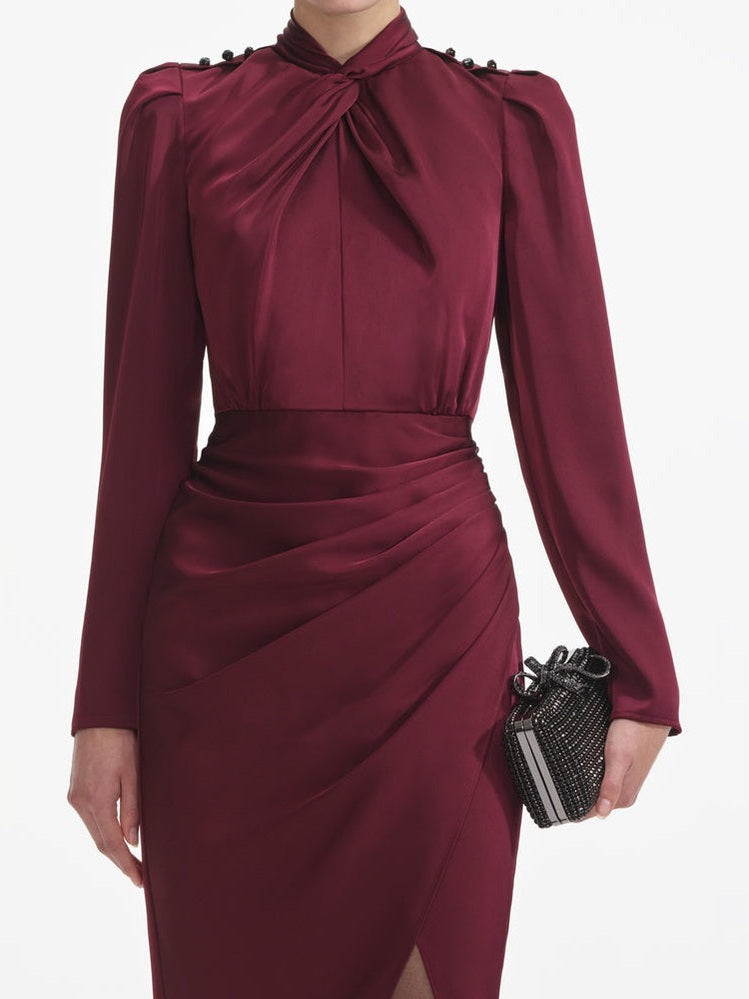 Burgundy satin midi dress