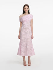 Pink rhinestone lace asymmetric midi dress