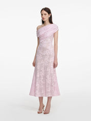 Pink rhinestone lace asymmetric midi dress