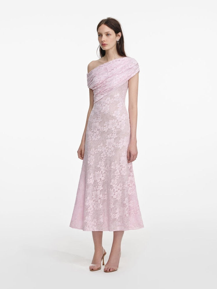 Pink rhinestone lace asymmetric midi dress