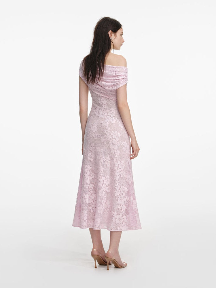 Pink rhinestone lace asymmetric midi dress