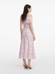 Pink rhinestone lace asymmetric midi dress