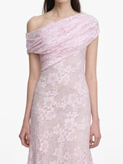 Pink rhinestone lace asymmetric midi dress