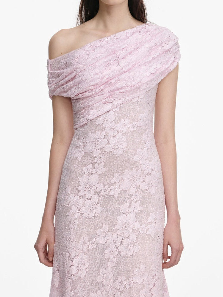 Pink rhinestone lace asymmetric midi dress