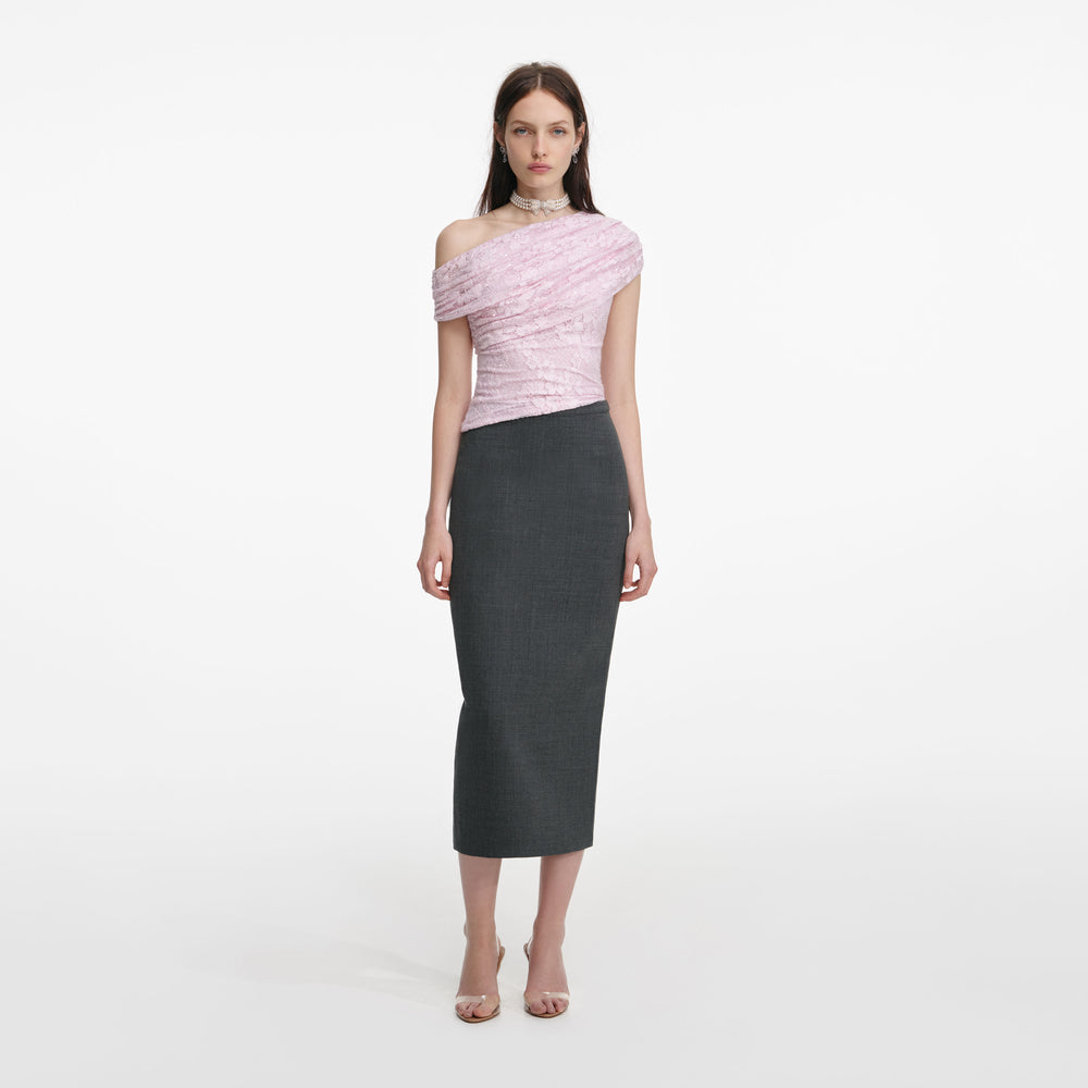 PINK RHINESTONE LACE DRAPE TOP