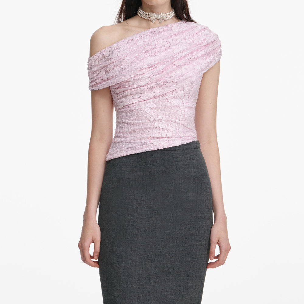 PINK RHINESTONE LACE DRAPE TOP