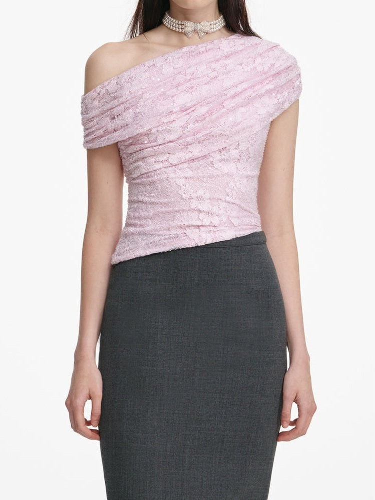 Pink rhinestone lace drape top