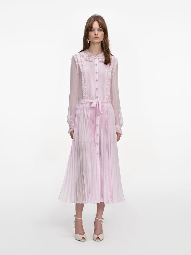 Pink pleated georgette midi dress