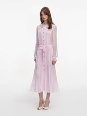 Pink pleated georgette midi dress