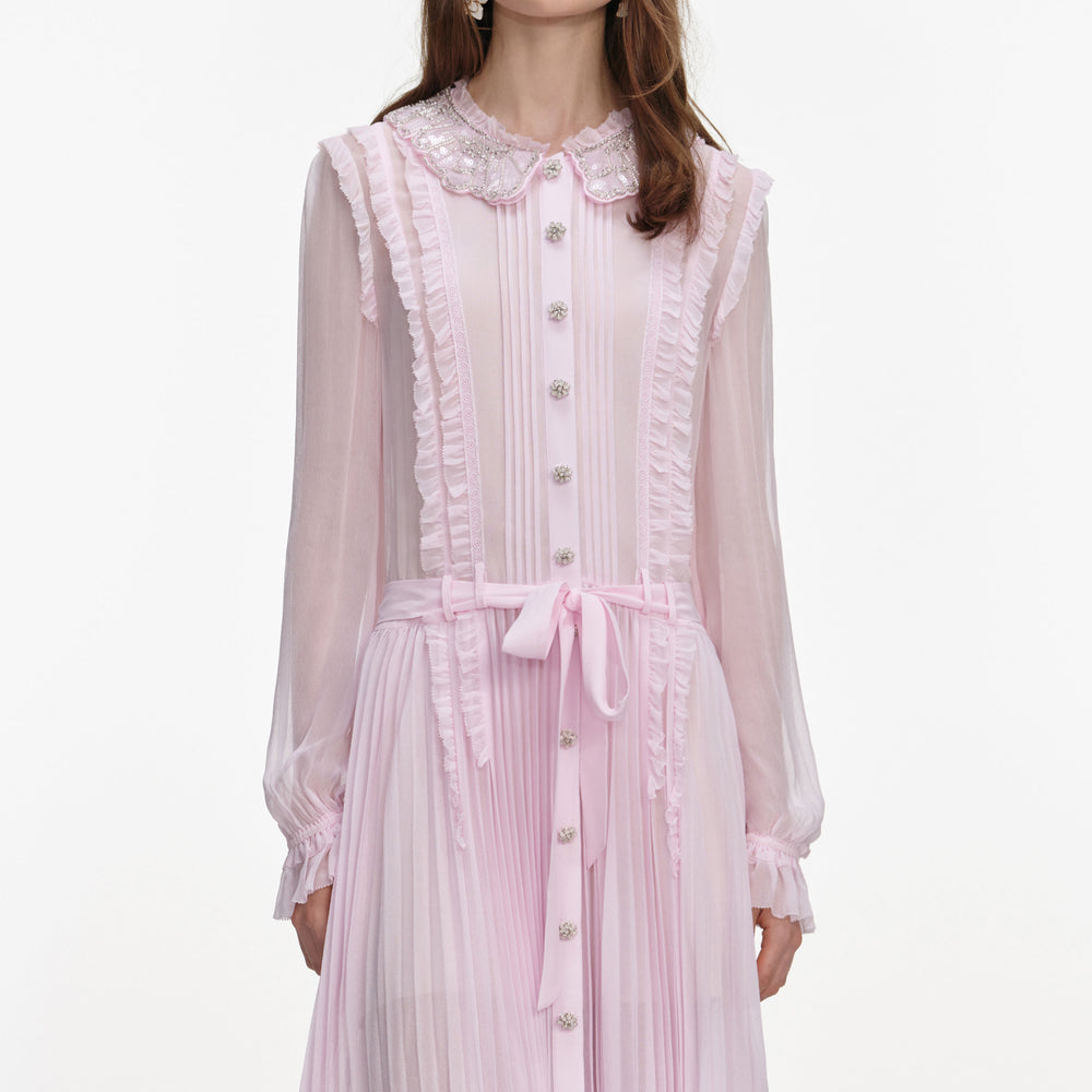 PINK PLEATED GEORGETTE MIDI DRESS