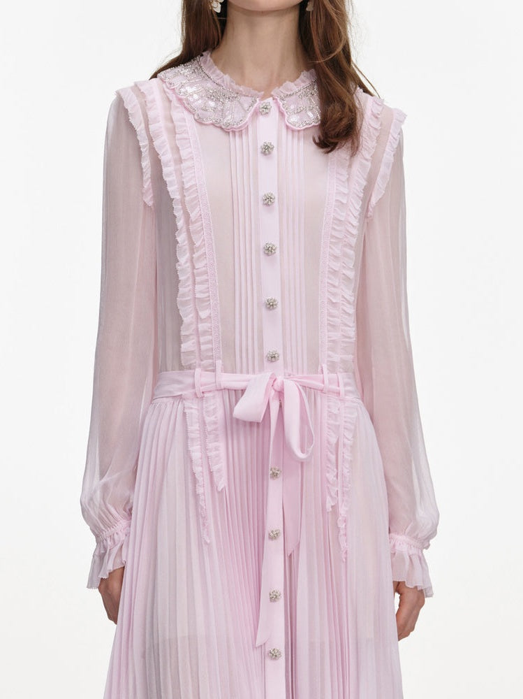 Pink pleated georgette midi dress
