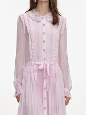 Pink pleated georgette midi dress