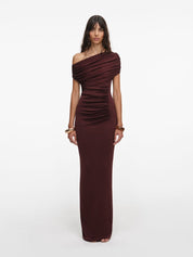 Brown draped knit midi dress