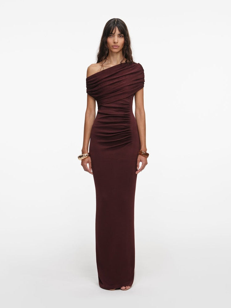 Brown draped knit midi dress