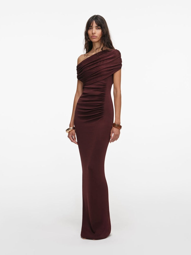 Brown draped knit midi dress