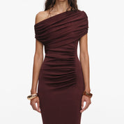 BROWN DRAPED KNIT MIDI DRESS